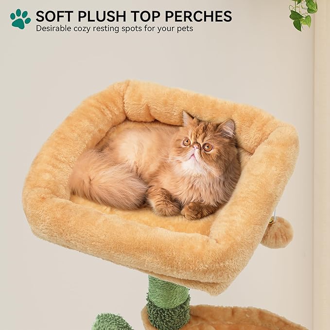 YITAHOME 37in Tall Cactus Cat Tree Tower with Self-Grooming Brush, Cute Cat Climbing Tower for Indoor Cats with Cat Condo, Plush Platform, Hammock, Sisal Scratching Posts, Dangling Ball