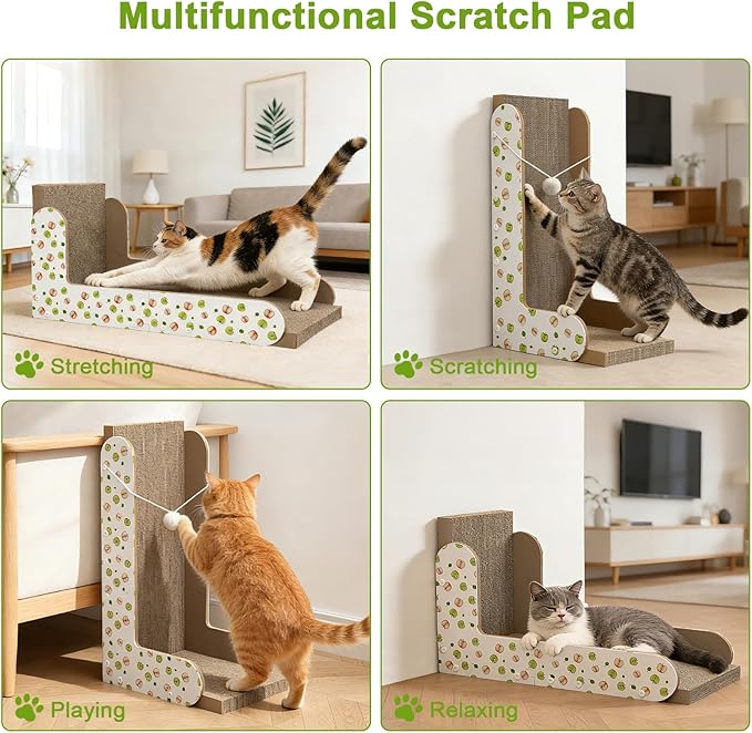 Cat Scratcher, 22.7’’ L-Shaped Cat Scratching Board for Indoor Cats, Large Cardboard Cat Scratcher with Ball Toy & Catnip, Double-Sided Cat Scratch Pad for Wall, Couch