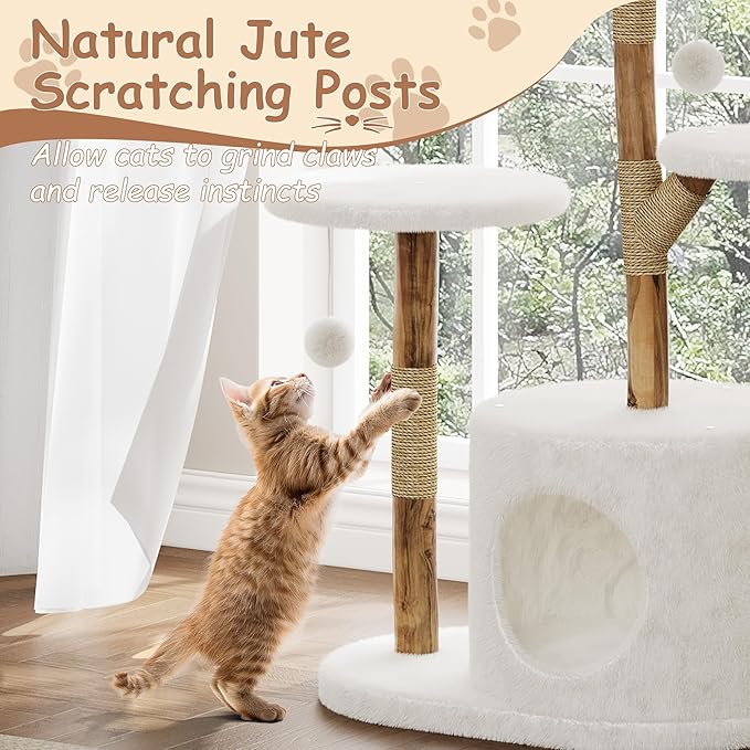 Modern Natural Wood Cat Tree, Stylish Solid Wooden Climbing Tower with Large Rattan Basket, Scratching Posts, Real Branch Design, White Luxury Perch for Rest and Play