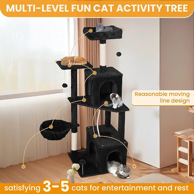 Cat Tree, 54-Inch Cat Tower for Indoor Cats,Plush Multi-Level Cat Condo with Scratching Posts, Basket, Perches,2 Caves,2 Pompoms(Black)