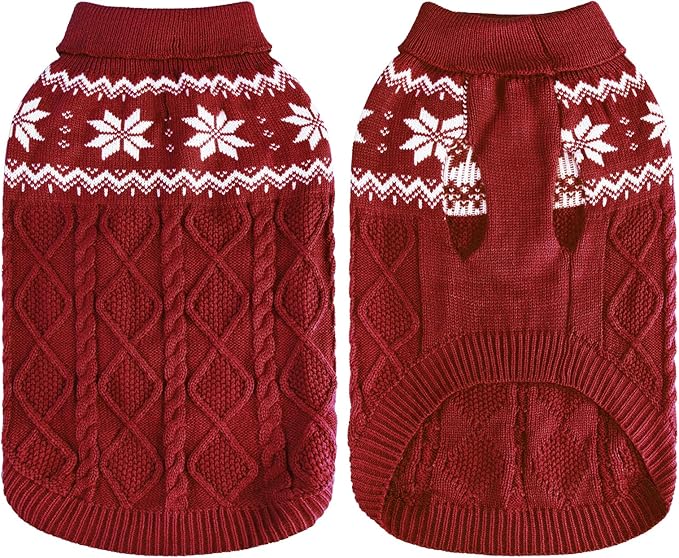 Warm Winter Pink Dog Sweater - Cold Weather Pet Clothes for Small Medium Large Dogs Indoor Outdoor, Soft Classic Knit Puppy Apparel Coat, Dark Red, XS