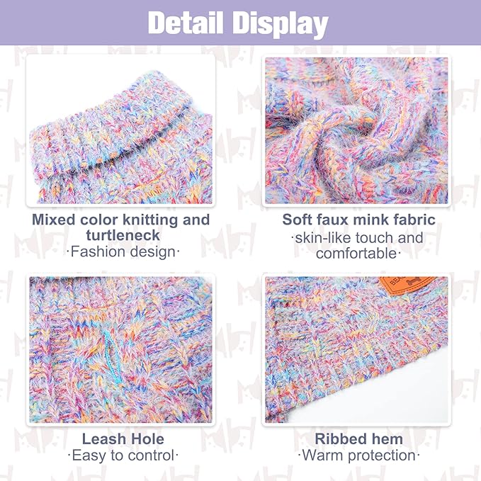 BEAUTYZOO Small Dog Sweater -Turtleneck Pullover Classic Cable Knit Fuzzy Winter Coat Dog Cold Weather Clothes for Small Medium Dogs Puppy Girl Boys(Rainbow Pink, XXS)