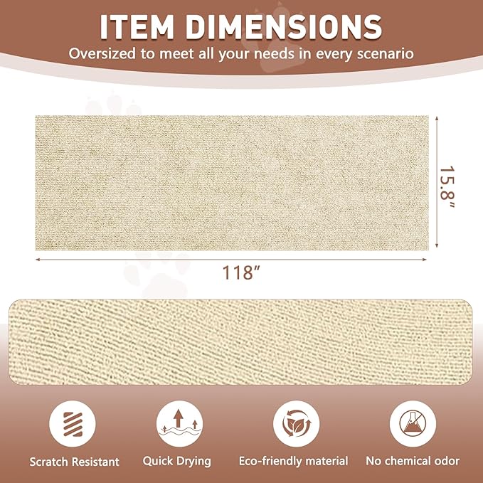 Cat Scratch Furniture Protector for Couch, Wall & Door Guard, Trimmable Self-Adhesive Scratch Pad, DIY Climbing Mat, Deterrent, Scratching Post Replacement (118''x15.8'', Khaki)