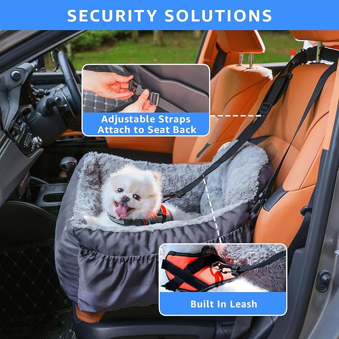 Dog Car Seat for Small Dogs, Washable Pet Booster Car Seats with Clip-On Safty Leash, Comfy Deluxe Plush Carseat with Storage Pockets, Puppy Travel Carrier Bed for Dogs Under 25 lbs, Grey