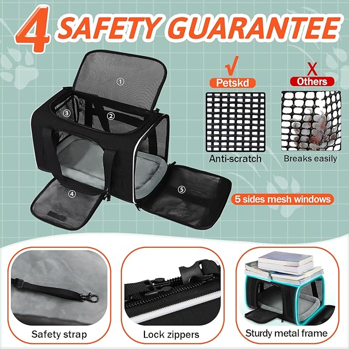 Petskd Small Pet Carrier with Wheels (17" L x 11" W x 9.5" H), Alaska Airlines Approved, Rolling Pet Carrier for Small Dogs & Cats (Black)