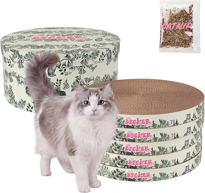 CSR1012J Kate 12 Inch Cardboard Cat Scratcher Pads with Box & Catnip, Reversible Heavy-Duty Scratch Boards for Cats, Furniture Protection, Nature Cat Pattern, Green, 5-Pack