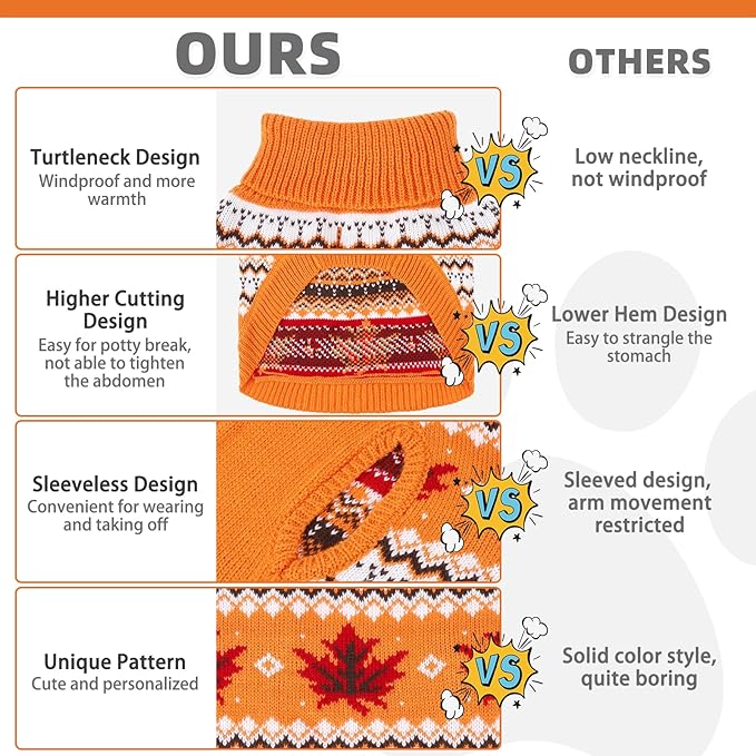 KOOLTAIL Cable Knit Dog Sweater Turtleneck, Cold Weather Pullover Classic Knitwear, Thick Warm Winter Pet Clothes, Fall Maple Leaves Thanksgiving Dog Sweater for Small Medium Large Dogs Cats, Orange L