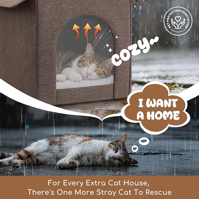 Outdoor Cat House Weatherproof, Insulated Cat Houses for Outdoor/Indoor Cats for Winter, Waterproof Feral Stray Cat Shelter with Door Curtain and Warm Cushion, Easy to Assemble, Brown