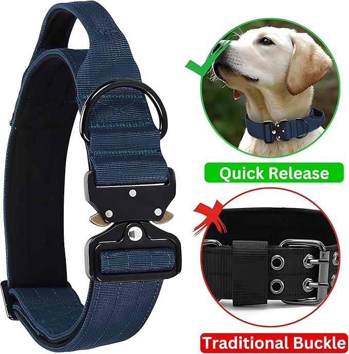 Heavy Duty Tactical Dog Collar – Adjustable Nylon with Metal Buckle, Durable & Comfortable for Medium to Large Dogs (German Shepherd, Labrador, Rottweiler), Blue, Large, for Training & Outdoor Use.