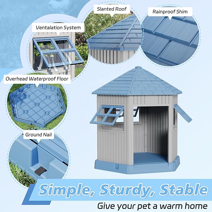 Fancyango Sturdy Dog House Indoor Outdoor for Small Medium Dogs, Weatherproof Puppy Shelter with Elevated Floor & Air Vents, Easy Clean and Assemble (Blue, 36.61" L x 29.5" W x 37.4" H)
