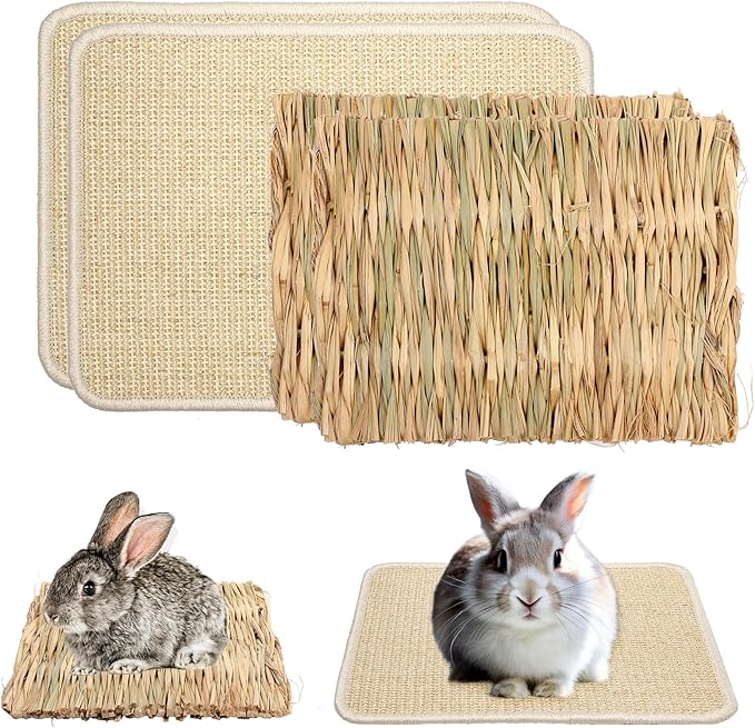 4 Pcs Rabbit Scratcher Mat, Rabbit Grass Mats for Rabbits Cage Accessories, Natural Sisal Cat Rabbit Scratching Pad, Natural Hay Woven Bed Mat for Bunny Cats Guinea Pig