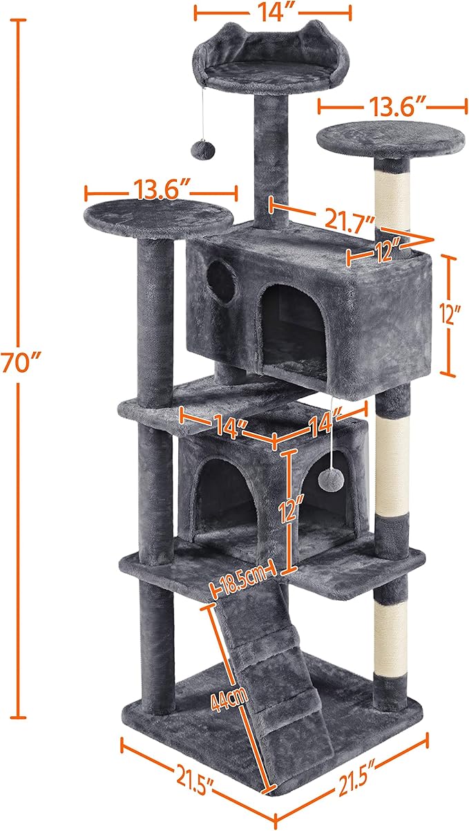 Topeakmart 70in Cat Tree, Multi-Level Cat Tower with Scratching Post Dangling Ball and Condos Cat Furniture for Indoor Cats, Dark Gray