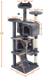 Topeakmart 70in Cat Tree, Multi-Level Cat Tower with Scratching Post Dangling Ball and Condos Cat Furniture for Indoor Cats, Dark Gray