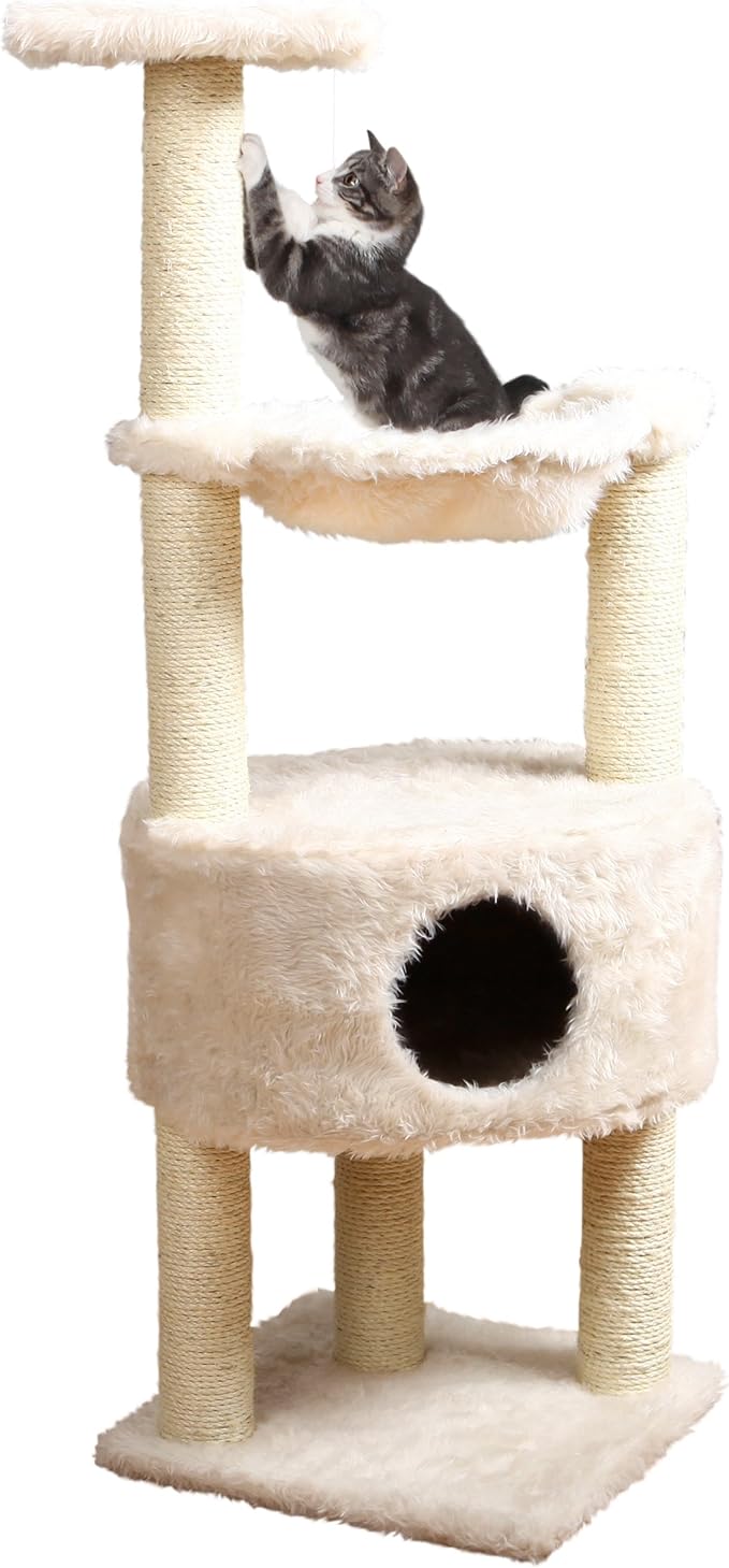TRIXIE Baza Cat Tower, Scratching Posts, Condo, Hammock, Platform, Dangling Pom-Pom,Cream,44543 Large