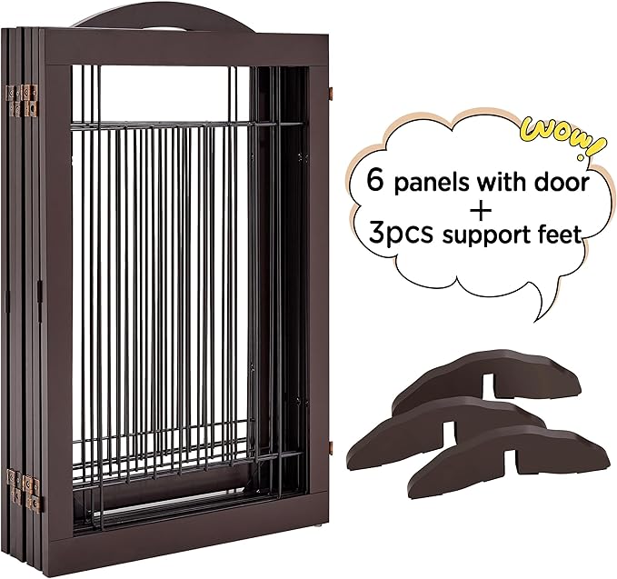 Yaheetech 32-inch Tall Dog Gate with Door Extra Wide Pet Gate for Dogs, Foldable Wire & Wooden Puppy Safety Fence w/3 Support Feet,Freestanding Dog Gate for the House,Doorway,Stairs(Espresso,6 Panels)