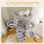 71.2 Inches Tall Cat Tree for Large Cats, Multi-Level Cat Tower with 2 Cozy Condos, Super Large Top Perch, 3 Hammocks, Sisal Scratching Posts and 2 Pompoms, Grey
