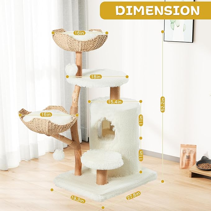 Erinnyees 54" Real Wood Cat Tree for Indoor Cats, Modern Boho Cat Tower with Woven Basket Beds, Natural Branch Scratching Post, Luxury Cat Condo Furniture, White