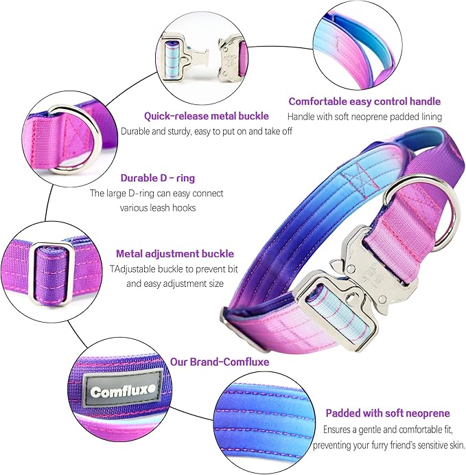 Tactical Dog Collar with Handle, Wide Thick Padded Reflective Heavy Duty Collar with Quick Release Metal Buckle for Medium Dogs (Purple, M)