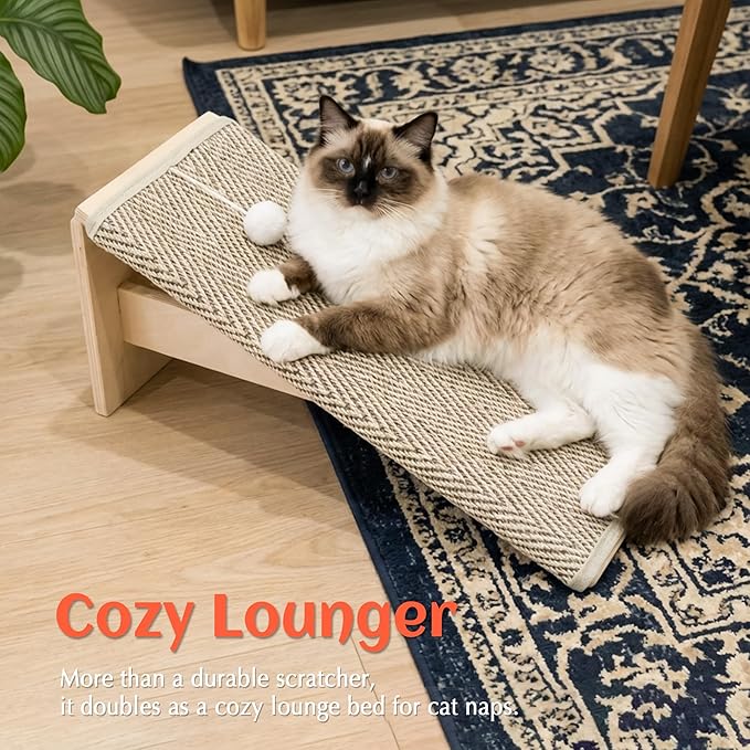 PETKARAY Inclined Cat Scratcher, Sisal Scratching Ramp for Indoor Cats, 24.8'' Cat Scratch Post for Couch, Replaceable Sisal Scratch Pad with Toy Ball, Chevron