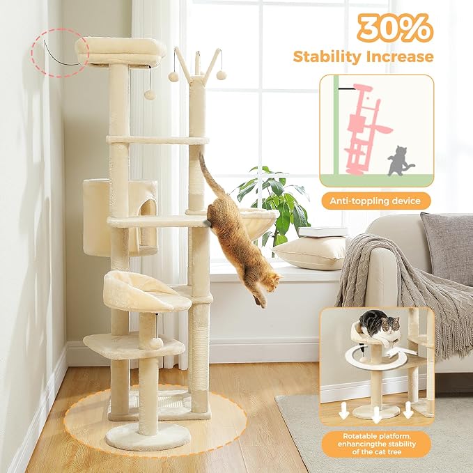 Large Cat Tree for Indoor Cats, 59" Tall Cat Tower with 3 Removable Pompom Sticks, Spacious Condo, Large Hammock and Scratching Posts, Sturdy Play House for Large Cats,Beige