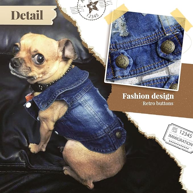 Cool Dog Jean Jacket Small Puppy Outfits Frenchie Clothes Denim Coats for Small Medium Dogs Cats Boys Girls Pet Vest Dog Shirt Clothing Doggy Costume (Blue, XS（Suggest 2-4 lbs）)