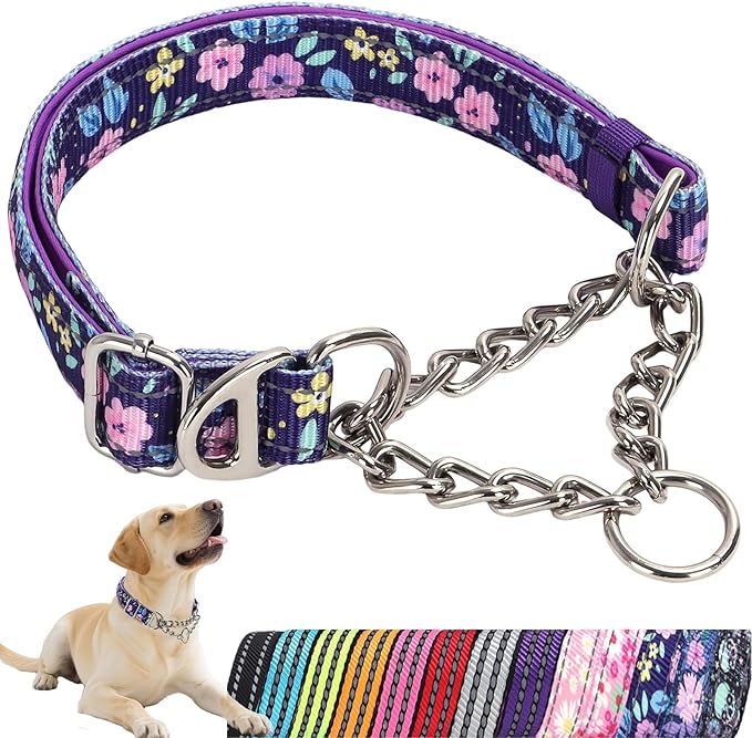 Reflective Martingale Dog Collar with Chain - Comfortable & Safe Choke Dog Collar for Medium Large Extra Large and XXL Dogs Trainer Recommended Collar (Purple Flowers L)