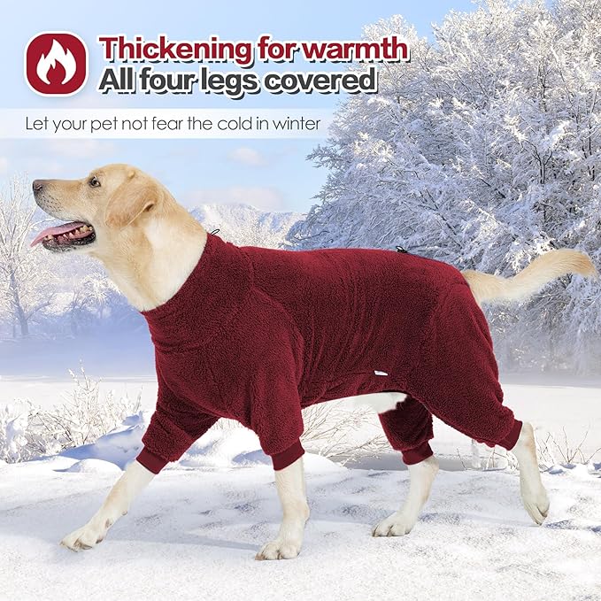 Dog Winter Coat, Warm Fleece Jacket, Windproof Pullover Jumpsuit, Full Body Dog Pajamas Onesie, Cold Weather Clothes for Medium Large Dog(Large,Red)