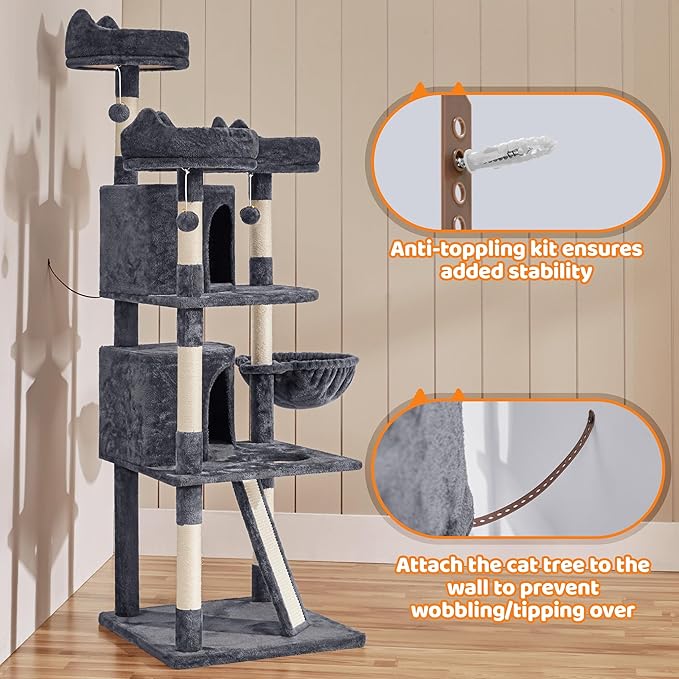 Topeakmart Large Cat Tower Cat Tree with Caves Condos, Platforms Scratching Board & Scratching Posts as Cat Activity Center, Pet Play House