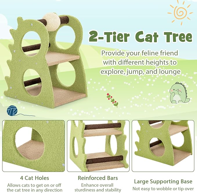 Tangkula Cute Cat Tree, Dinosaur-Shaped Cat Tower with Rotatable Sisal Scratching Ball, Soft Plush Fabric, Cat Climbing Stand, 2-Tier Modern Cat Tree for Small Indoor Cats (Green)
