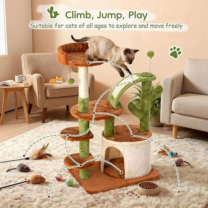 Cactus Cat Tree for Indoor Cats, 36.6" Small Cat Tower with Sisal Scratching Posts, Stable Cat Condo with Perches and Climbing Steps, Brown