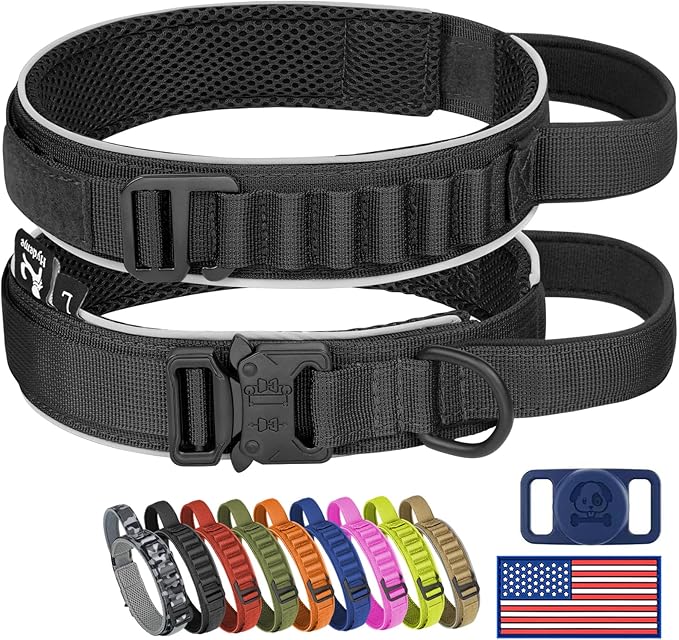 HYDEME Tactical Dog Collar, Alpine Loop Adjustable Military Training Nylon Dog Collars with Handle and Reflective for Small Medium Large Dogs, with Airtags Protective Case & Patches.(L,Black)