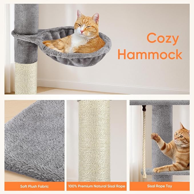 Cat Tree 5-Tier Floor to Ceiling Cat Tower with Cozy Hammock, 89-109 Inch Adjustable Height Sisal Scratching Post, Provides Vertical Enrichment for Jumping & Climbing, Grey