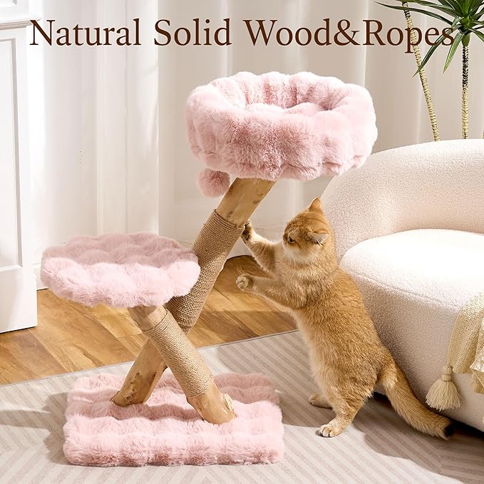 HITTITE Natural Solid Wood Cat Tree Tower with Scratching Post, 32 Inches Tall Modern Cat Tower with Cozy Bed and Platforms, Luxury Real Branch Cat Tree for Indoor Cats Large Adult, Pink.
