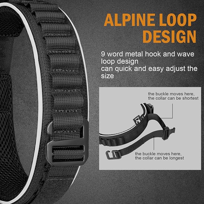 HYDEME Tactical Dog Collar and Leash Set, Alpine Loop Adjustable Reflective Military Training Nylon Dog Collars with Handle Shock Retractable Dog Leash for Small Medium Large Dogs.(L,Black-Set)