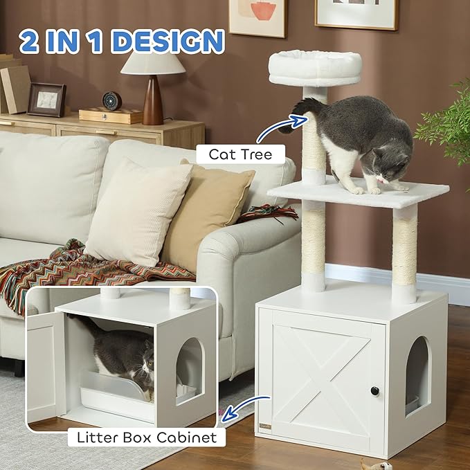 PawHut Cat Tree with Litter Box Enclosure, 2-in-1 Cat Tower with Bed, Climbing Platforms, Scratching Posts, Modern Pet Furniture for Indoor Kittens, White