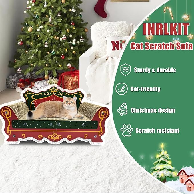Luxury Cardboard Cat Scratcher Sofa Bed, Couch Shaped Scratching Board, Scratch Lounge with Catnip, Scratcher for Indoor Cats Large (Red)