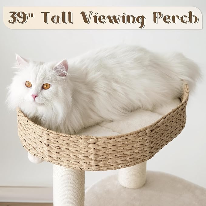 KAMABOKO Modern Cat Tree, Cat Trees for Indoor Cats w/Natural Sisal Scratching Posts, Hand-Woven Condo & Top Perch, 39" Tall Cat-Tree for Kittens Climb Play & Rest