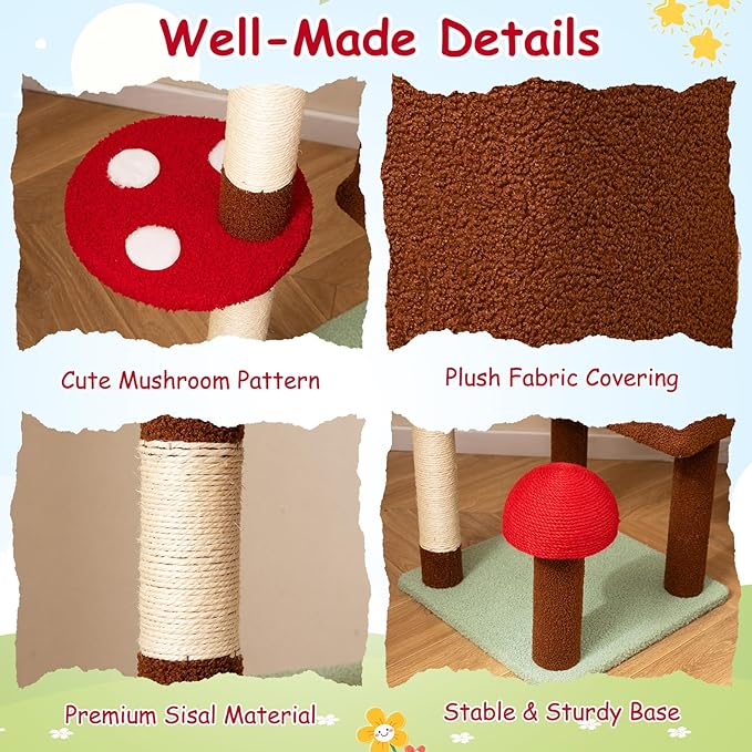PETSITE Mushroom Floor to Ceiling Cat Tree, 79.5-104.5 Inches Height Adjustable Cute Ceiling Cat Tower with Sisal Scratching Posts, Condo, Side Basket Bed, Spring Toy, and Multiple Jumping Platforms