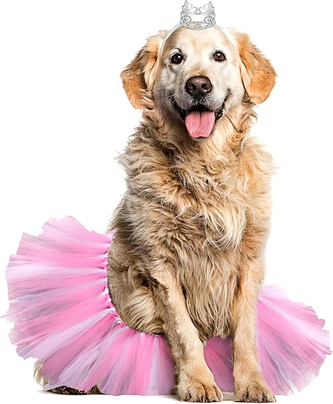 2 Pcs Dog Crown Headband Dog Tutu Dress Set Crystal Rhinestone Tiara Crown Tutu Skirt Pet Dress Costume for Puppy Birthday Party Wedding Photo Prop Costume(Large,Rose Red, White)