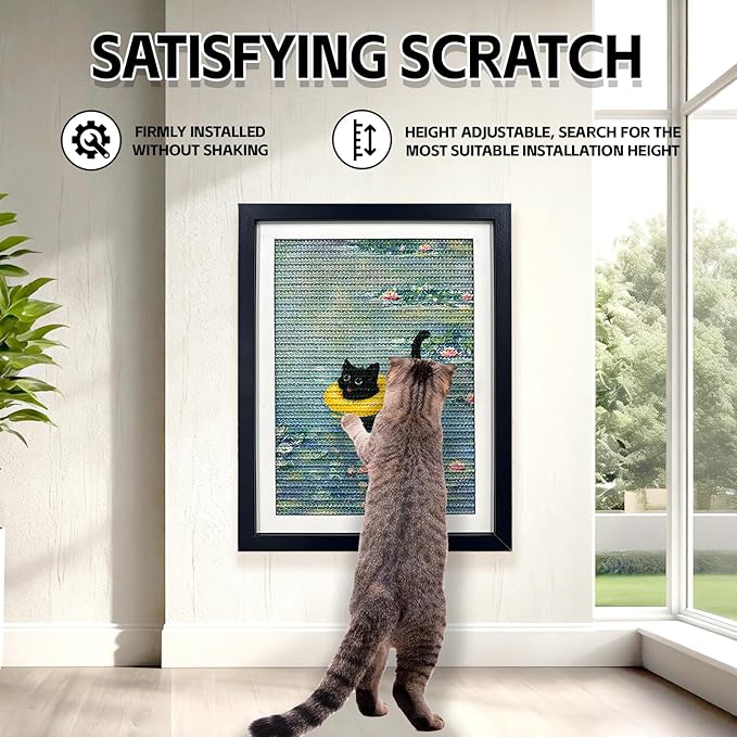 Wall Art Cat Scratcher Mat - Sisal Vertical Cat Scratch Pad with Photo Frame Design, No-Drill Wall-Mounted, 16"x12" Wall & Couch Cat Scratching Mat, 1 Extra Mat Included Free (Pond-Side Cat)