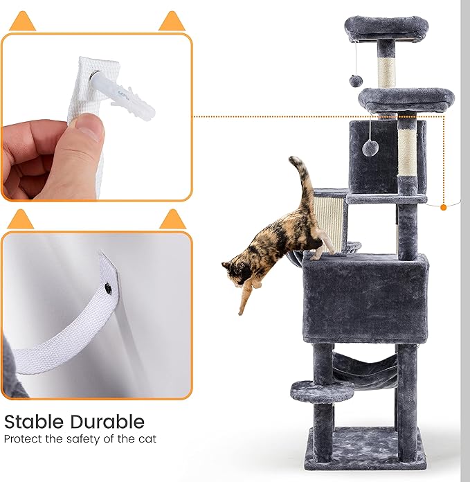 Yaheetech Cat Tree, 71.5in Cat Tower for Indoor Cats, Cat Tree with 2 Cozy Condos, 2 Padded Perches, Scratching Posts & Ramp, Hammock, Cat House Activity Center, Dark Gray
