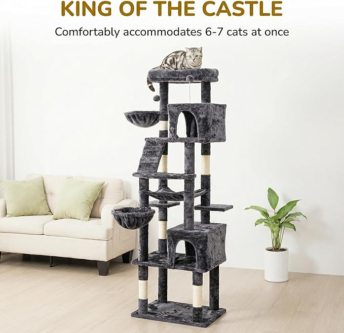 Large Cat Tree with Scratching Posts, Bed, Hammocks & Condos – Multi-Level Cat Tower for Playful Cats, 74" Modern Jungle Gym for Multiple Cats, Grey
