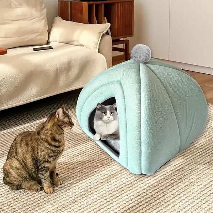 Cat Cave Bed Foldable Cat Bed Dome for Indoor Kitten with Removable Washable Cushion Kitten House Huts with Anti-Slip Bottom for Small Medium Kitty Pets(Green)