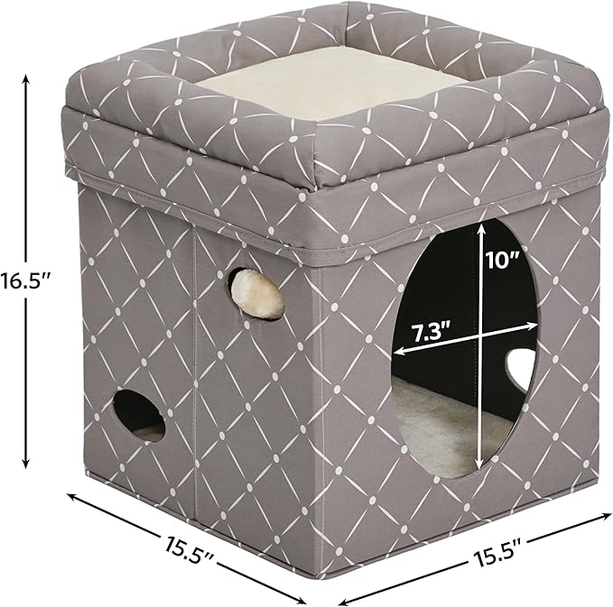 MidWest Homes for Pets Feline Nuvo Curious Cat Cube, Foldable Cat Hideout with Toy, Bolstered Bed Top, Mushroom Diamond, Faux Fur