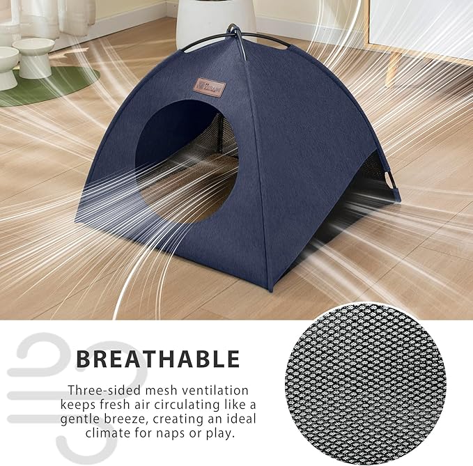 Pop-up Cat Tent Indoor Outdoor, Waterproof Cat House with Removable Cushion for All Seasons, Portable Pyramid Cat Cave Bed for Cats & Small Dogs, No Assembly Folding Pet Tent,18.9x18.9x15.4, Blue
