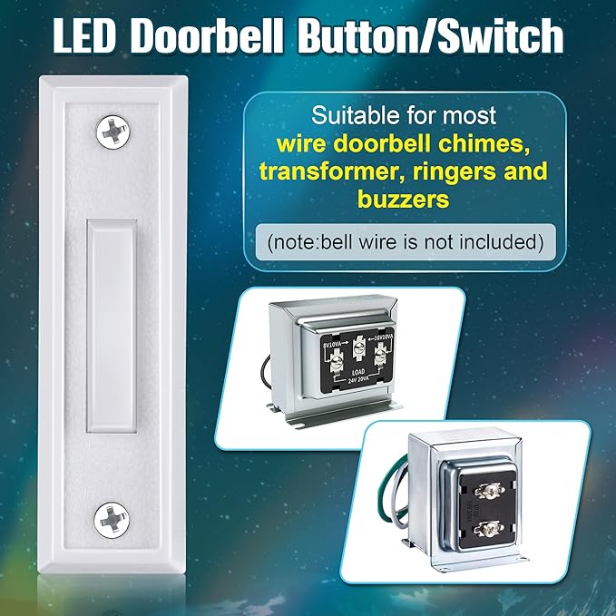 Saillong 1 Piece Lighted Doorbell Button, Wall Mounted Garage Door Opener Switch with LED Light Compatible with Most Wire Doorbell Chimes, Transformer, Ringer, Buzzers (White,Colorful Light)