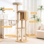 HITTITE Solid Wood Cat Tree Tower with Scratching Post, 61 Inches Tall Cat Towers with Capsule and Condo, Modern Cat Tower with Hammock and Removable Top Bed for Indoor Cats.White