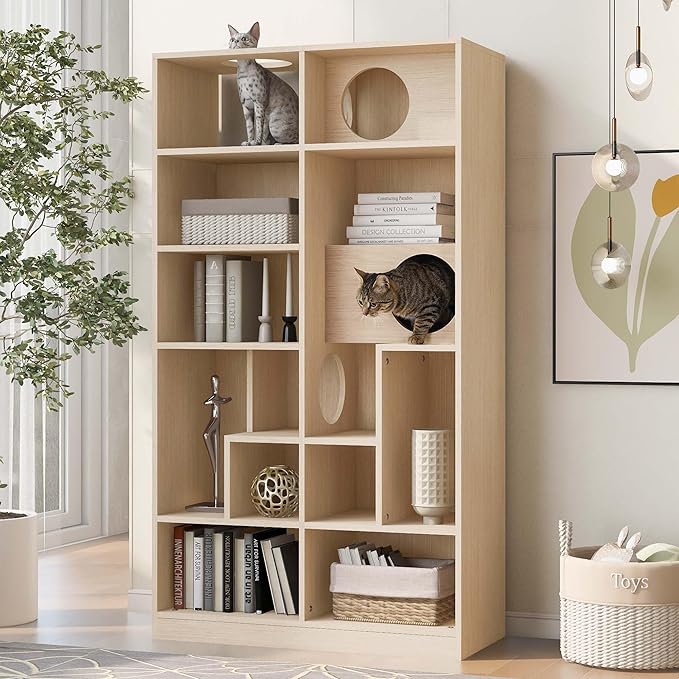 2-in-1 Modern Cat Tree Tower for Large Cats,Wooden Cat Tower with Litter Box Enclosure and Bookshelf/Storage Cabinet/Hidden Bed for Living Room Or Bedroom (Natural, 35.4")