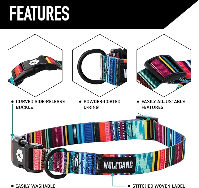 Wolfgang Heavy Duty Martingale Dog Collar with Quick Release Nylon Buckle for Walking & Training, Quetzal Print, Medium