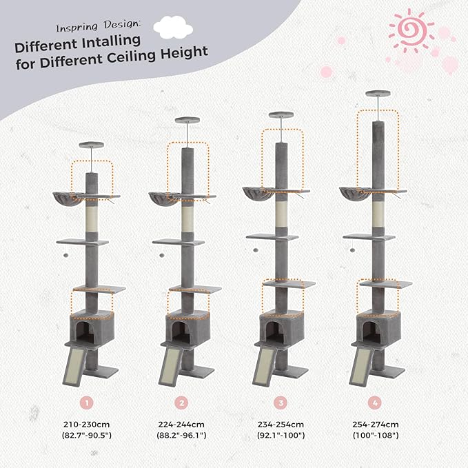 PETEPELA Floor to Ceiling Cat Tree, Cat Tower 5 Tiers Tall (83-108 Inches) Adjustable Height, Cats Climbing Tree Featuring with Condo, Scratching Post and Big Perches for Indoor Cats, Grey